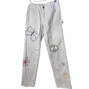 PACSUN Jeans Carpenter Low Rise Pants White Embroidered Skater Indie EMO…
